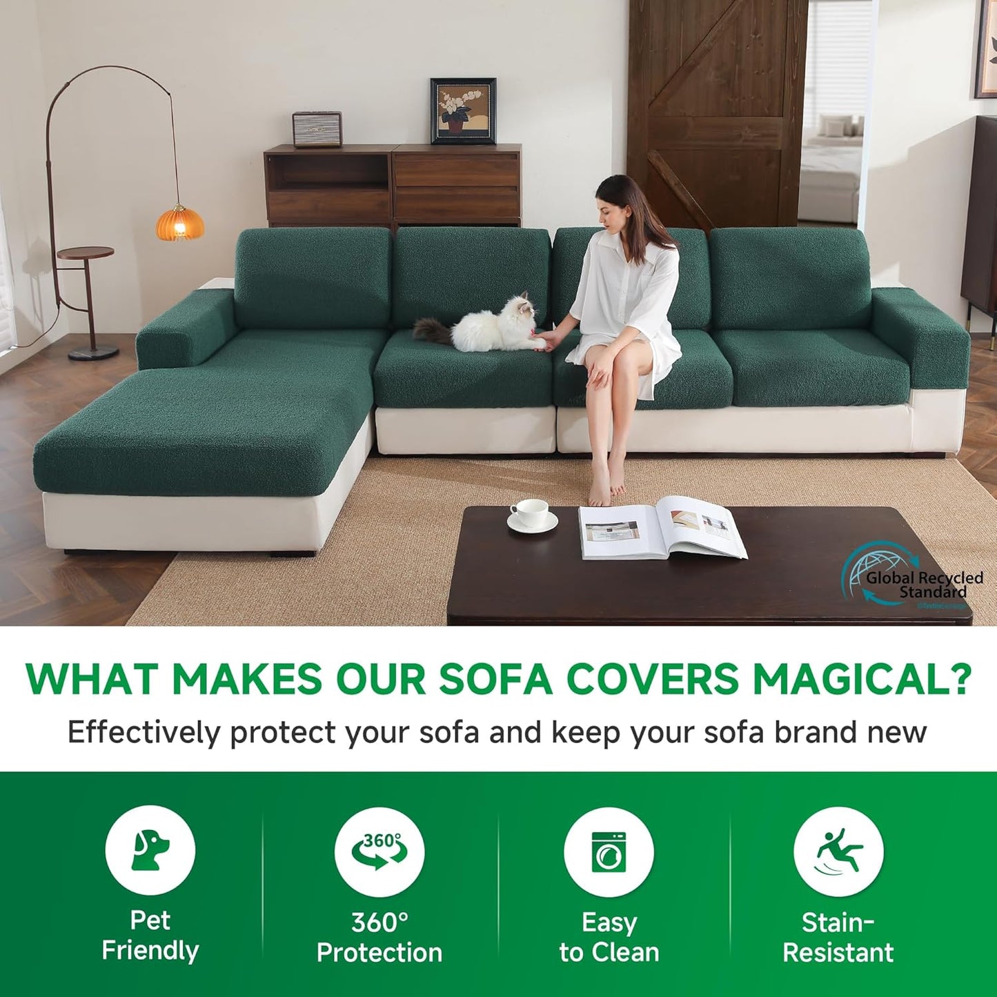 Couch Cushion Covers for Sectional Sofa, Stretch Soft Sofa Slipcovers Washable Wear-Resistant Universal Furniture Protector for Living Room(1 Piece Chair Cover, Green)