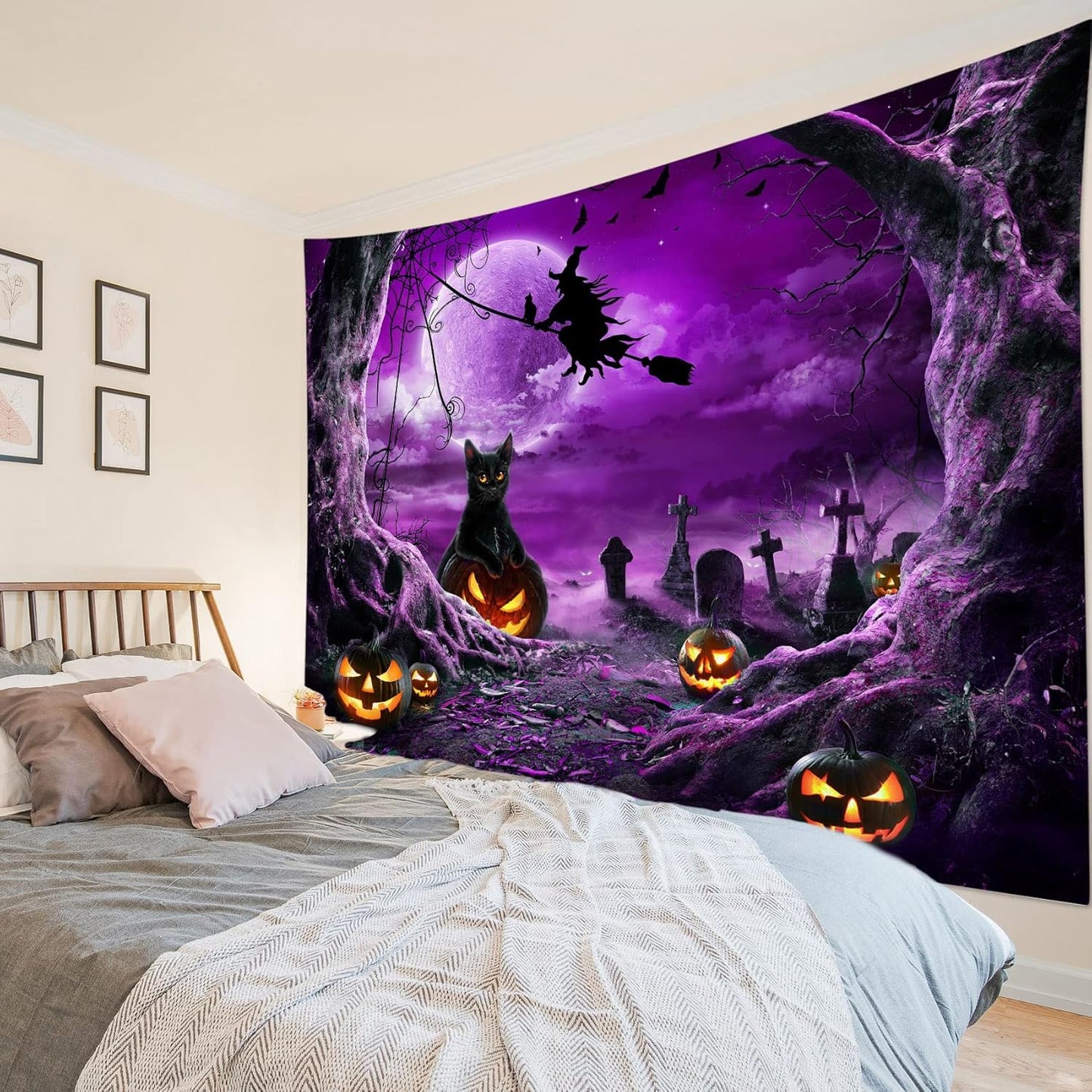 LB Halloween Wall Tapestry - Horror Witch Cat, Dead Tree, Pumpkin Lights With Spooky Graveyard - Purple Full Moon Over Misty Forest for Bedroom Living Room Dorm 48x36 Inch