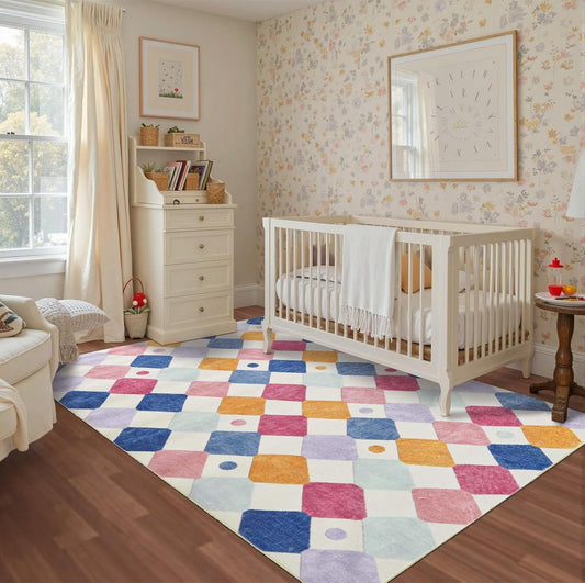 jinchan Area Rug 5x7 Kids Washable Indoor Floor Cover Non-Slip Modern Soft Rug Elementary School Classroom Colorful Diamond Carpet for Nursery Playroom Daycare Bedroom Living Room Berries on Cream