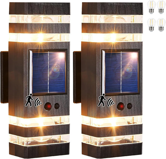 2 Pack Solar Outdoor Wall Lights with 3-Mode Motion Sensor Outside Sconces Up Down Solar Porch Light Fixtures 3000K 500LM Dusk to Dawn Modern Exterior Wall Lamp for House Garage Front Door