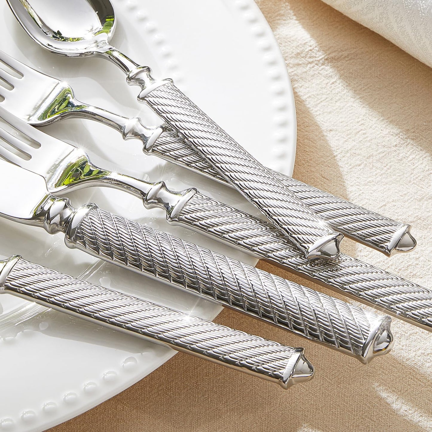 KINGSTONE Retro Rope-Pattern Silverware Set, 40-Piece Flatware Set Cutlery Set Forged with Handcrafted Texture Handles 18/10 Stainless Steel, Dishwasher Safe