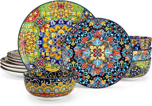 vancasso 12 Pieces Dinnerware Sets, Plates and Bowls Set, Porcelain Dishes Set for 4, Microwave and Dishwasher Safe, Scratch Resistant, Bohemian Style Dining Ware Service for 4, Series SIMI