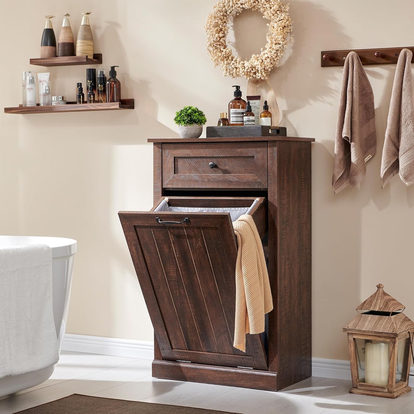 Tilt Out Laundry Hamper Cabinet, 10 Gallon Farmhouse Trash Can Cabinet with Drawer, Hidden Wood Garbage Can Bin Cabinet with Laundry Storage Basket for Bathroom, Kitchen, Brown