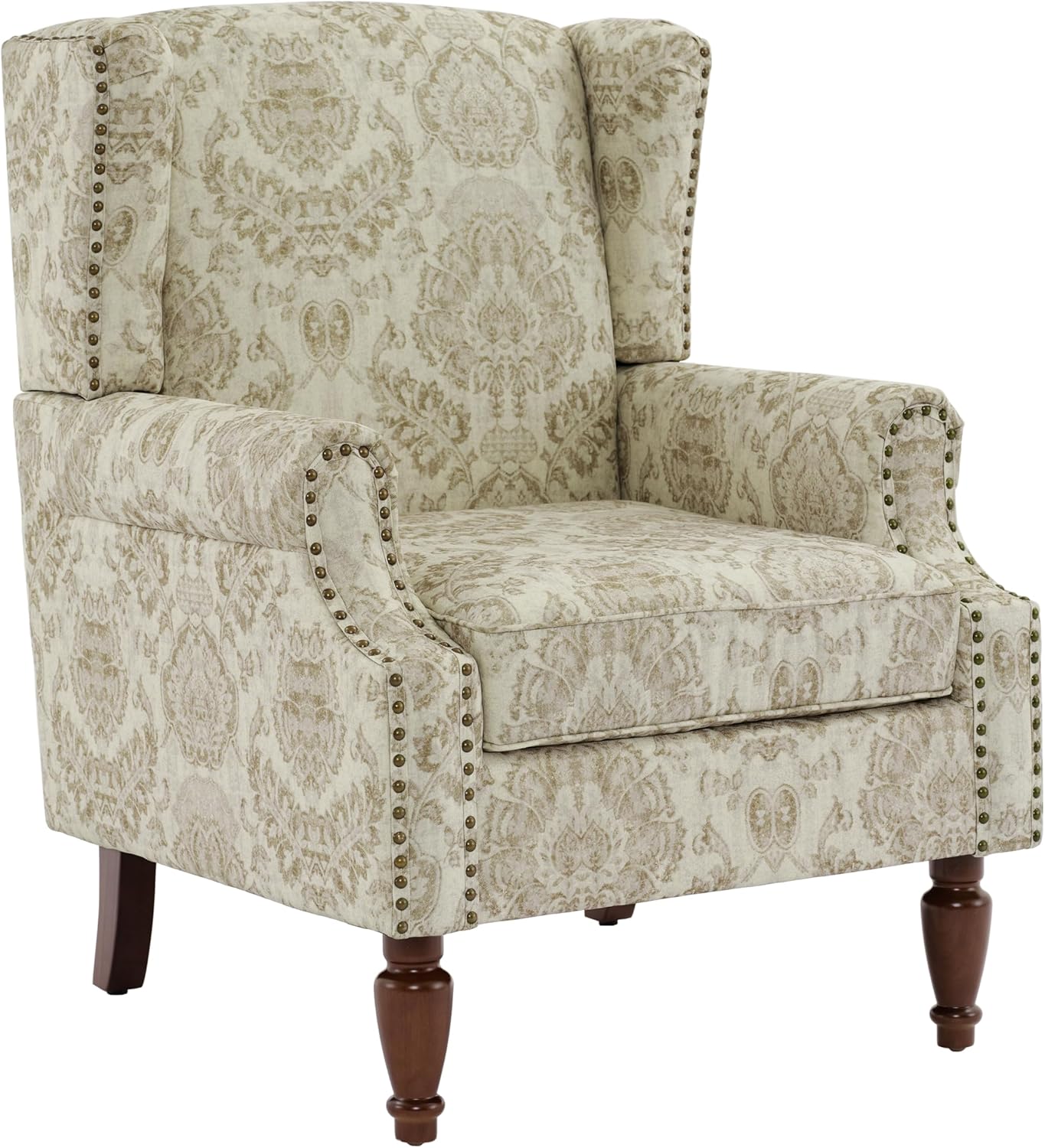 UIXE High Back Floral Accent Chairs Set of 2, Upholstered Armchair in Fabric, Retro Printed Wingback Arm Chair for Living Room, Nailhead Trim Single Sofa Bedroom Reading Seat - White