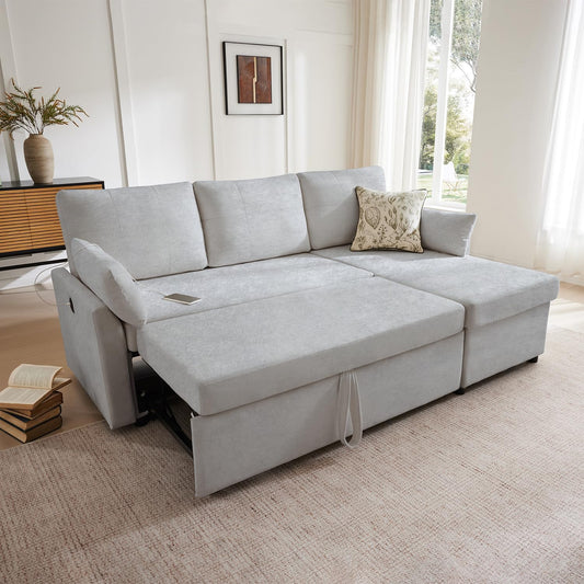 Waxberry Sectional Sofa Couch, Pull Out Couch Sleeper Sofa Bed with Storage for Living Room, Reversible Chaise, Side Pockets & Dual USB/Type-C Ports, Grey