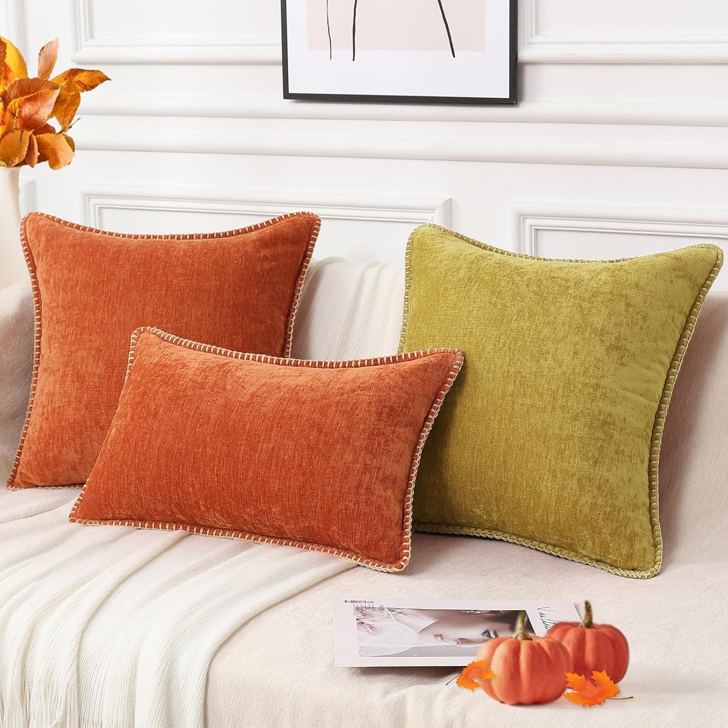 decorUhome Fall Chenille Soft Throw Pillow Covers 24x24 Set of 2, Farmhouse Velvet Neutral Decorative Euro Pillow Covers with Stitched Edge for Couch Sofa Bed Home Decor, Rust