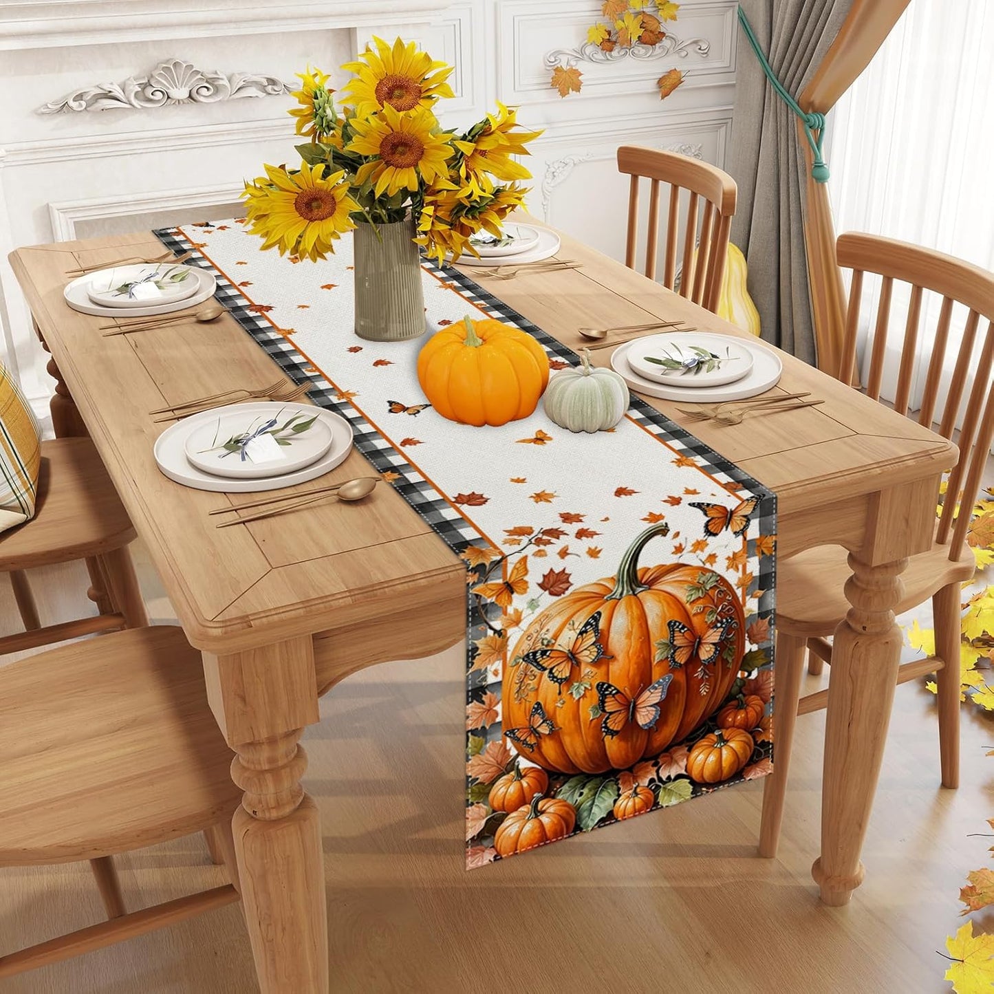 Linen Black and White Buffalo Check Plaid Fall Table Runner 120 Inches Long, Fall Leaves Pumpkin Butterfly Home Kitchen Table Decor, Farmhouse Autumn Thanksgiving Harvest Festival Decorations for Home