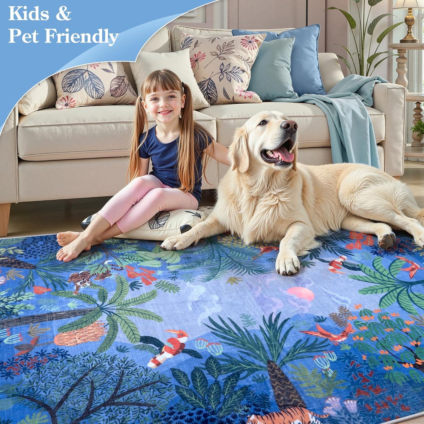 LIVEBOX Washable Bedroom Rug 8x10 Under Bed, Modern Stain Resistant Botanical Rug for Living Room Playroom Kids Boy Room, Non-Slip Jungle Forest Print Rugs for Nursery Baby