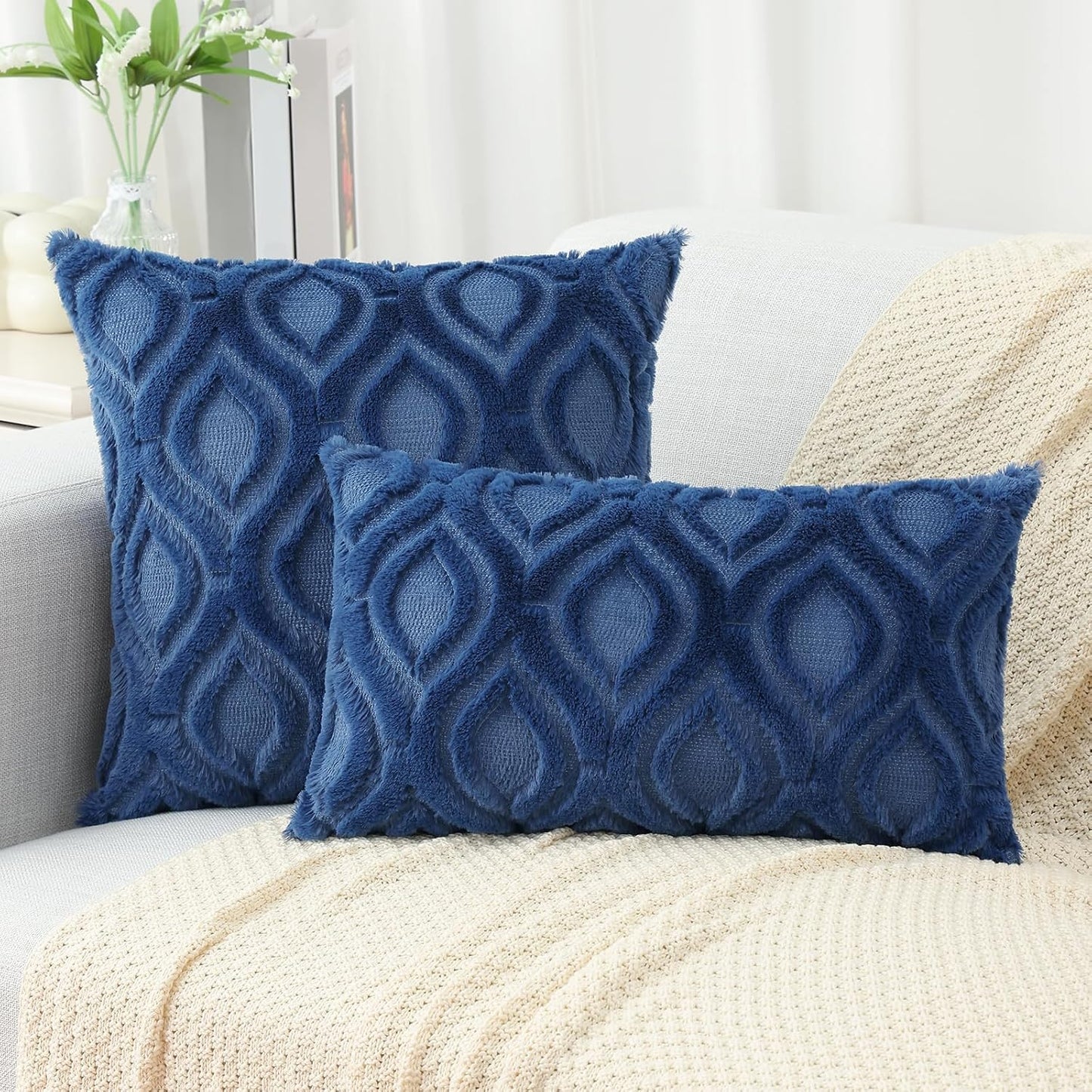 decorUhome Fall Throw Pillow Covers 20x20 Inch Set of 2, Soft Plush Decorative Faux Fur Dark Blue Solid Couch Pillow Covers, Accent Farmhouse Neutral Square Euro Pillow Cases for Sofa Bed Living Room