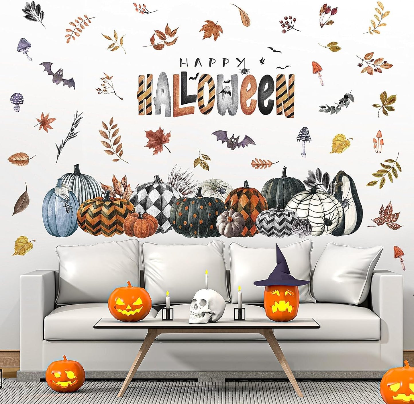 clothmile 40.15 x 38.58 Inch Happy Halloween Pumpkins Wall Decals Halloween Leaves Bat Spider Wall Stickers Halloween Removable Wall Sticker for Halloween Party Supplies Home Wall Decor