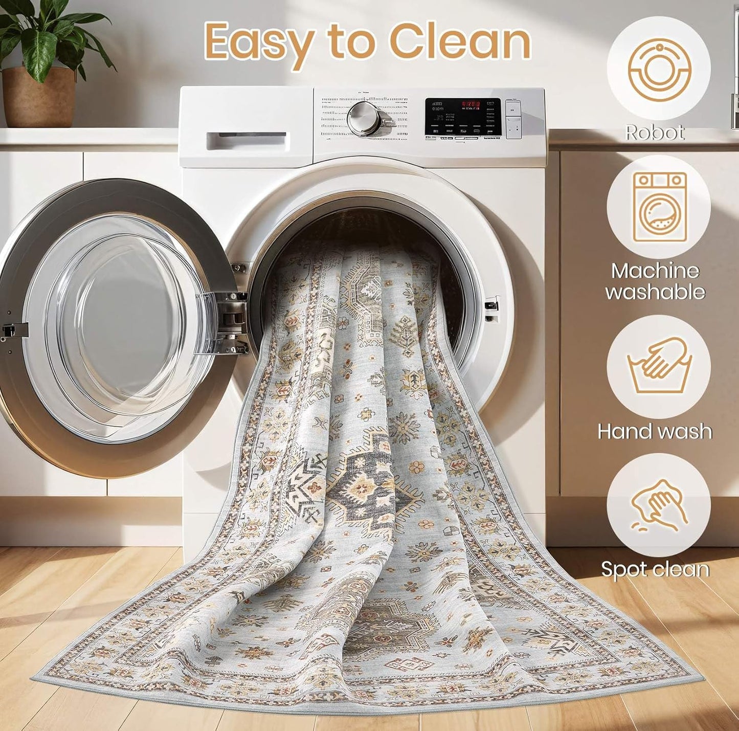 Washable Area Rugs for Living Room -10x13 Neutral Vintage Distressed Floral Farmhouse Boho Large Soft Floor Rug Indoor Non Slip Carpet for Living Room Bedroom Dining Room Office-Blue Brown