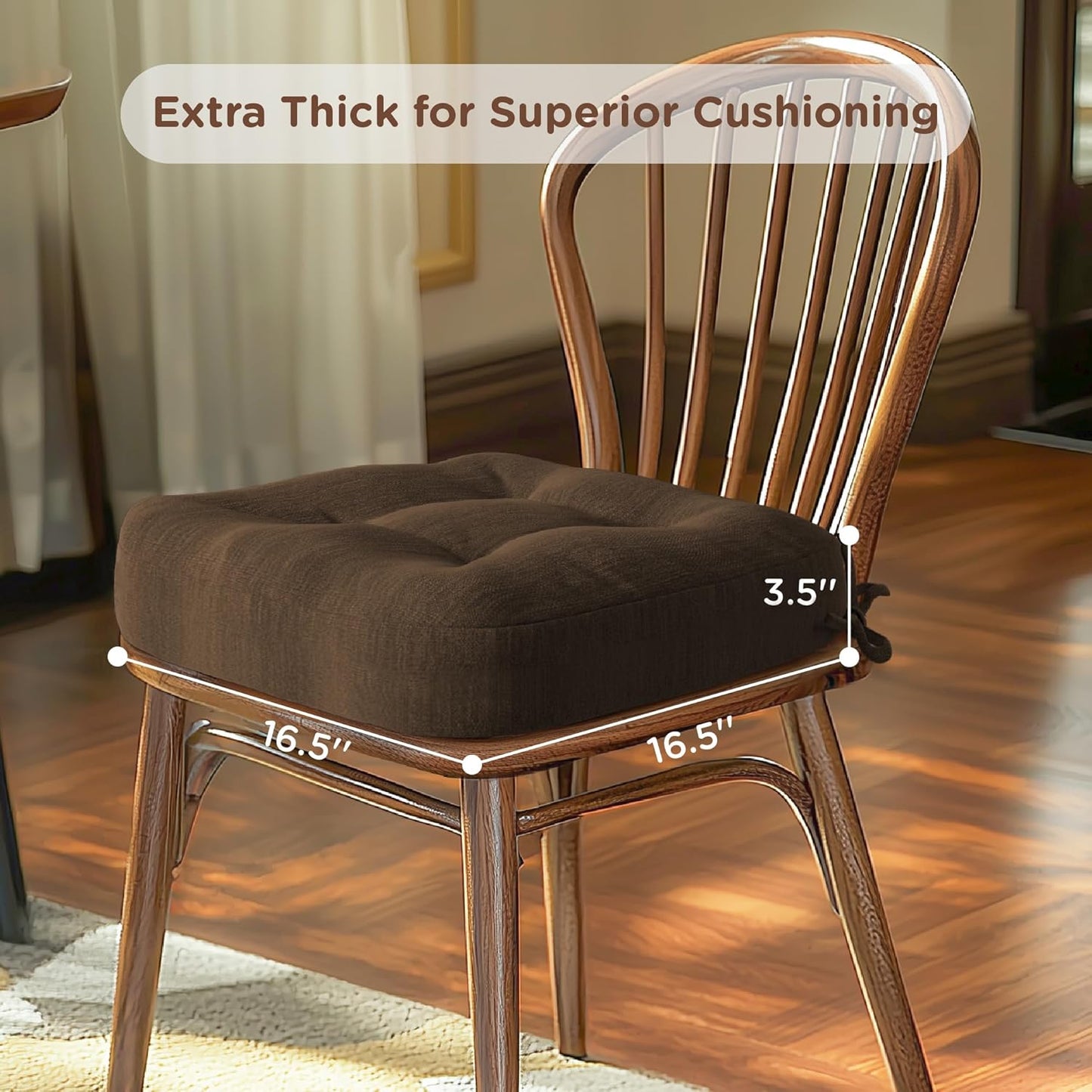 Codi 6 Pack Dining Chair Cushions, Thick Chairs Pads for Indoor Kitchen Room - Washable, Non-Slip Seat Cushion with Ties, 16.5"x16.5"x 3.5", Set of 6, Brown