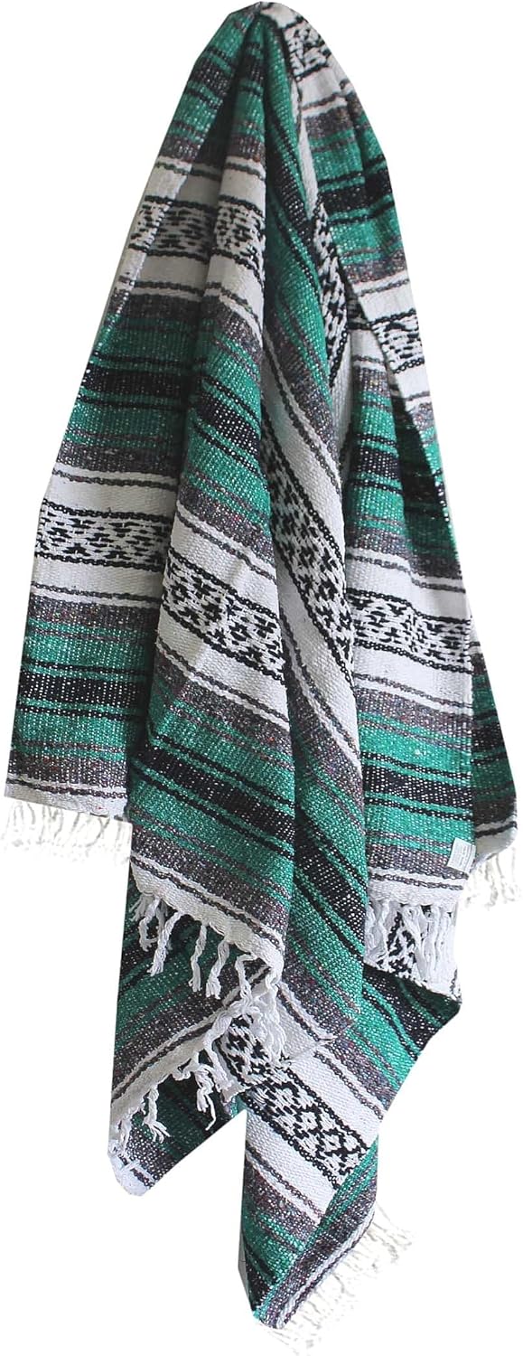Del Mex Classic Mexican Blanket, Large Authentic Woven Falsa Throw (70"x50"), Artisan Southwest Décor for Beach, Yoga, Outdoors (Teal)