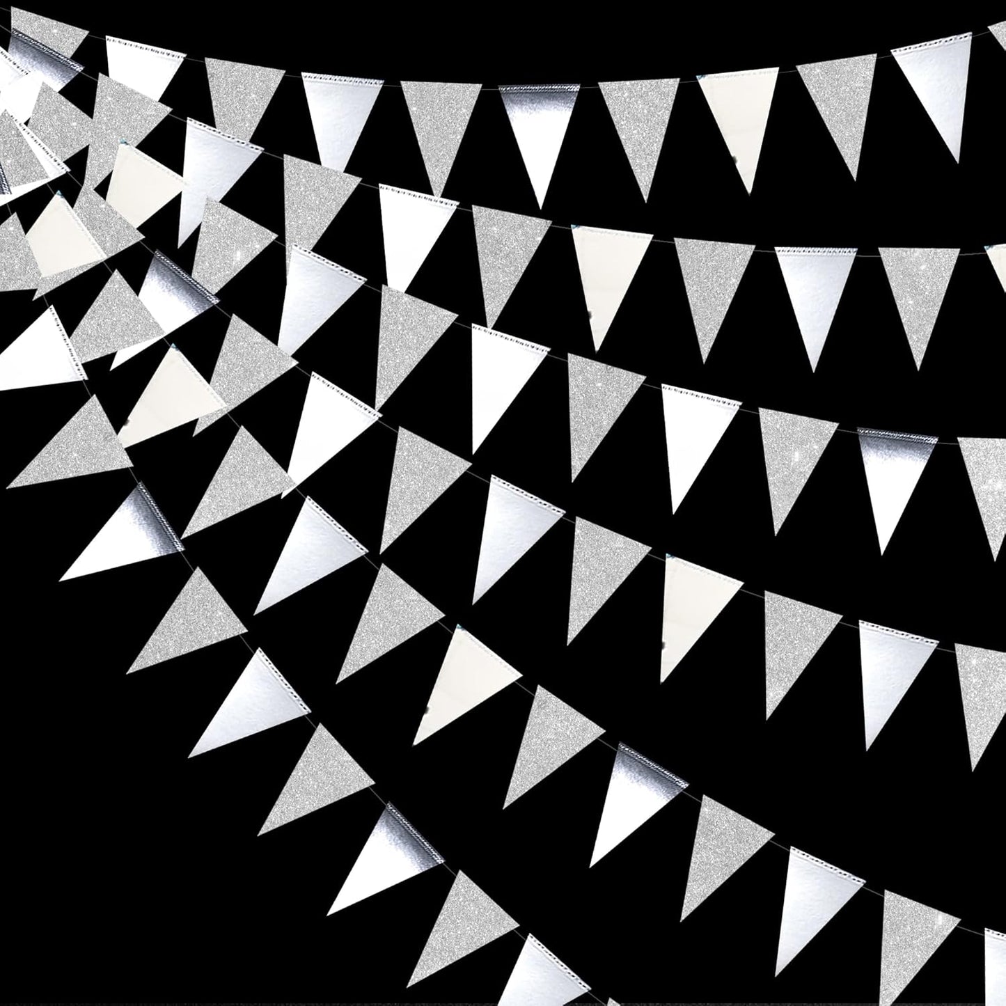 30 Ft Silver Party Decorations Glitter Metallic Paper Triangle Banner Flag Garland Pennant Bunting for Graduation Wedding Engagement Anniversary Bachelorette Birthday Baby Bridal Shower Party Supplies