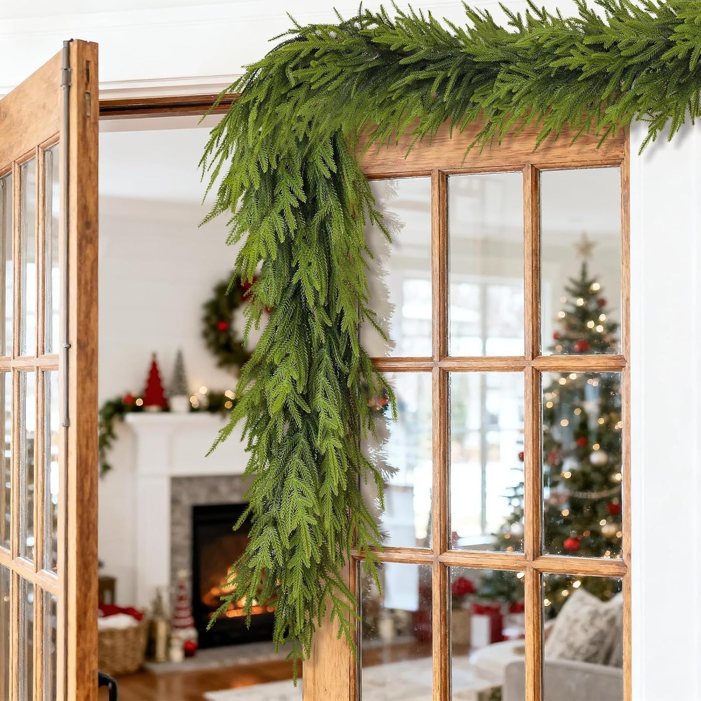 Artificial Norfolk Pine Garland - Faux Christmas Garland Fake Green Garland for Fireplace,Table, Stairs, Mantle, Window,Indoor Outdoor,Home,Holiday Decor (1 PCS,9 FT)