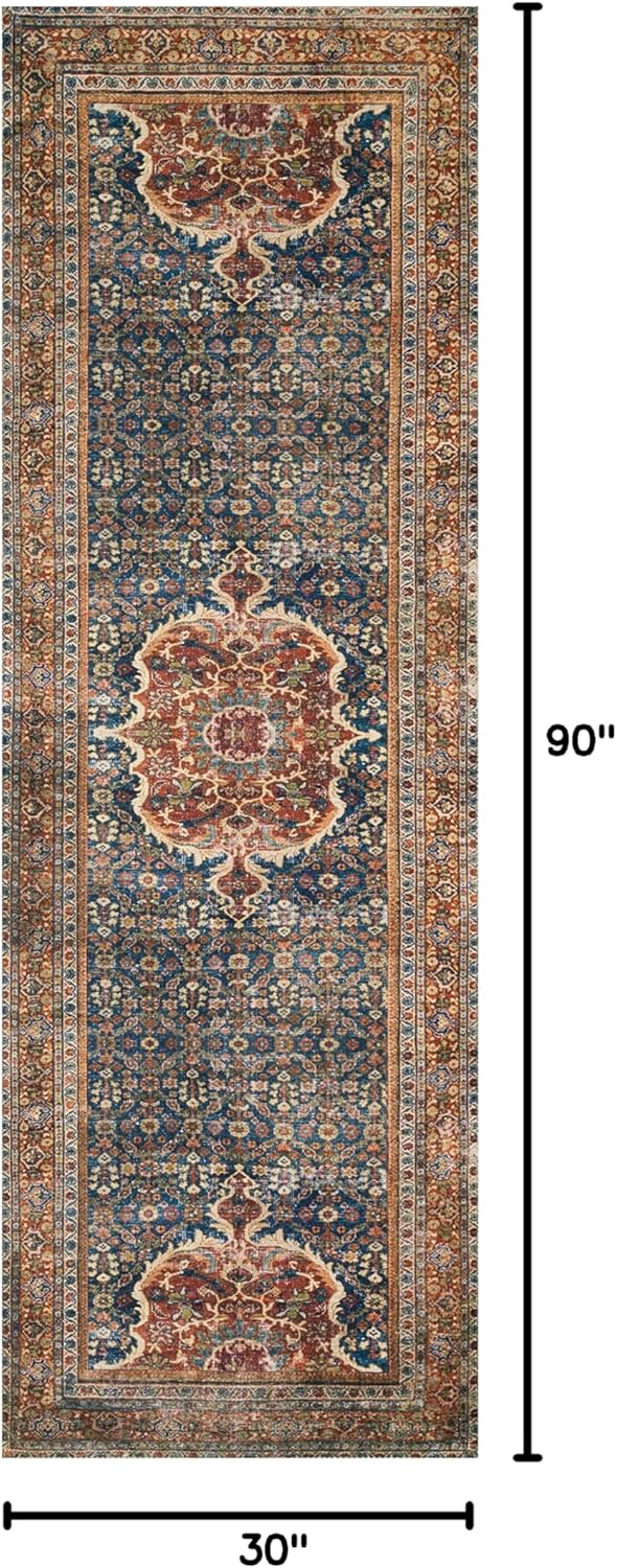 Loloi Layla Collection LAY-09 Cobalt Blue/Spice 2'-6" x 7'-6" .13" Thick Runner Rug, Soft, Durable, Vintage Inspired, Distressed, Low Pile, Non-Shedding, Easy Clean, Printed, Living Room Rug