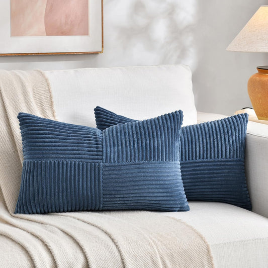Fancy Homi 2 Packs Dusty Blue Lumbar Decorative Throw Pillow Covers 14x24 Inch for Couch Bed Sofa, Rustic Farmhouse Boho Home Decor, Soft Striped Corduroy Rectangle Accent Cushion Case 35x60 cm