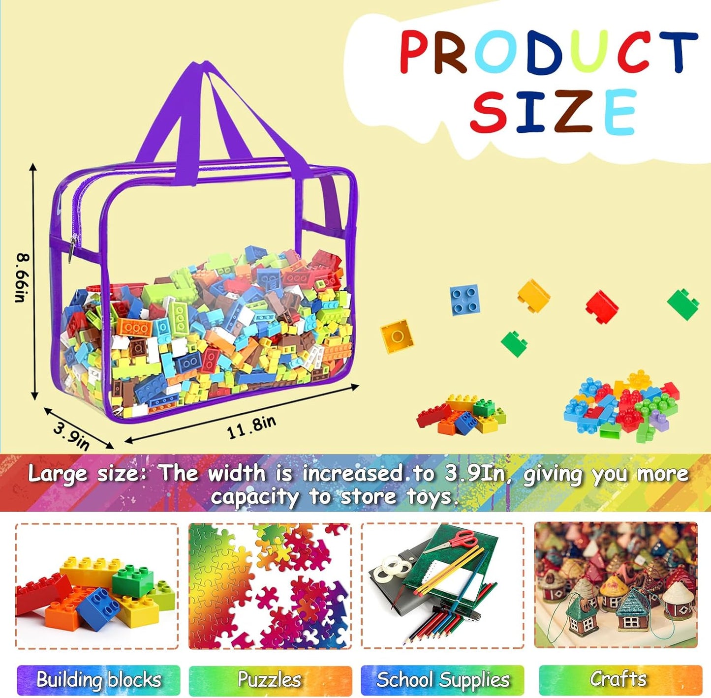 OPELETNNT 6 Color Large Toy Storage Bags with Labels, Reusable Clear PVC Board Game Storage, Travel Waterproof Organizer Bags with Zipper for Building Blocks, Puzzle, Kids Books