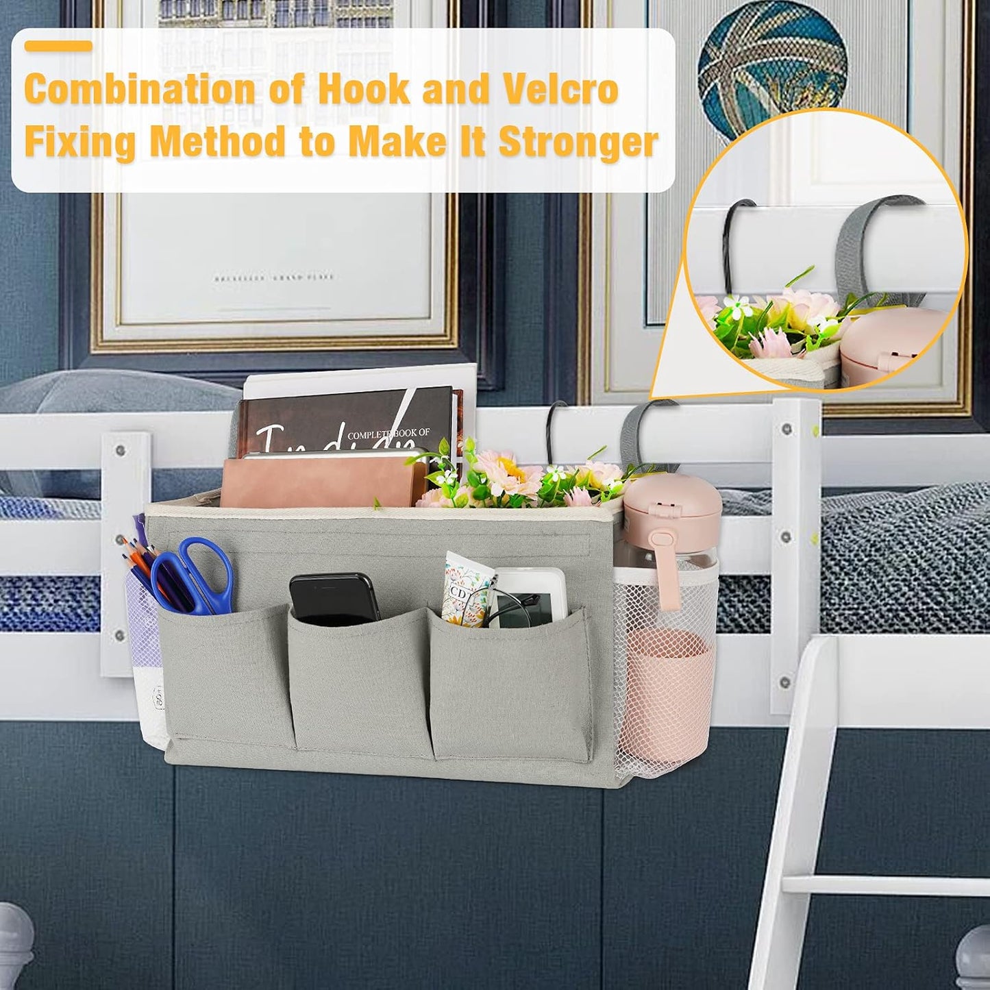 Bedside Caddy Organizer with Fixed Straps & Water Bottle Holder for Home, College Dorm, Bunk Bed, Hospital & Crib Bed Rails (2 pcs, Grey)