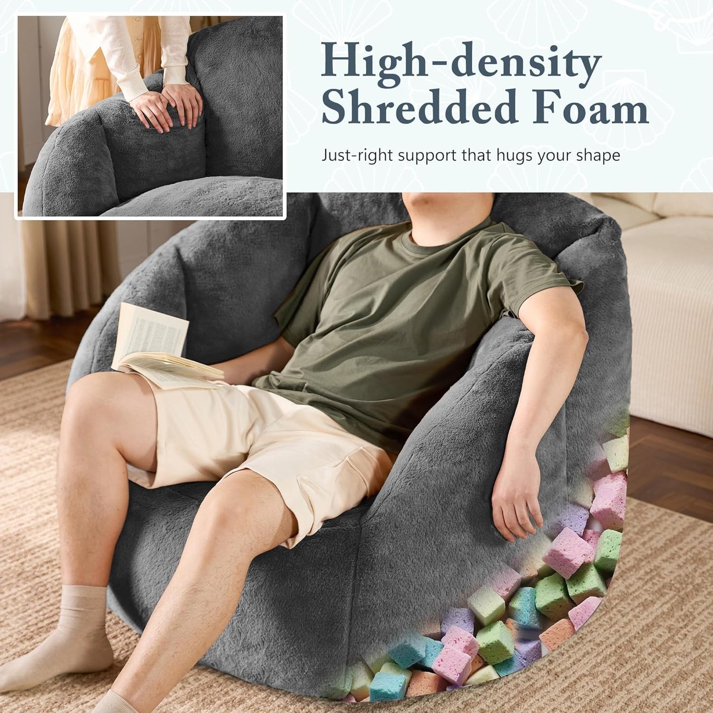 Giant Bean Bag Chair for Adults - Comfy Plush Round Shell Soft Accent Chair, Oversized Cozy Lounge Floor Sofa Reading Chair, Mini Couch for Living Room, Bedroom & Game Rooms, Gray