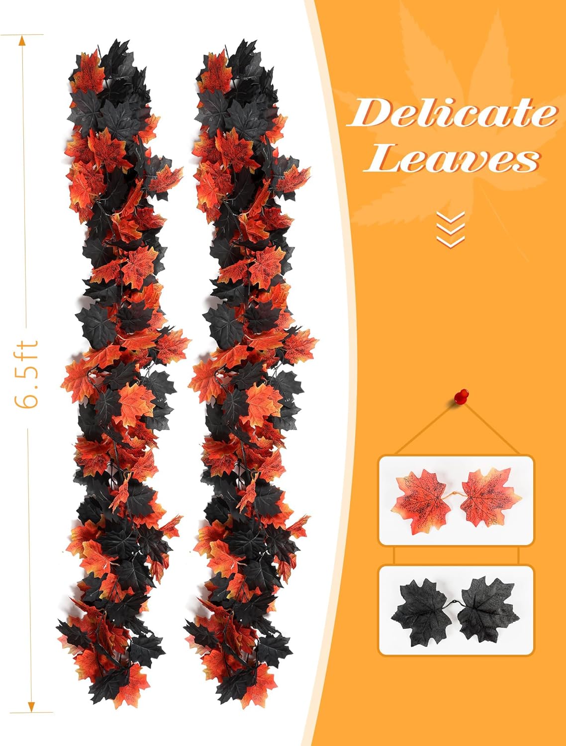 Joyhalo 5 Pack Fall Garland, Halloween Leaves Garland, Black Outdoor Leaf Vine for Mantle, Door Frame,Fireplace and Thanksgiving Decor