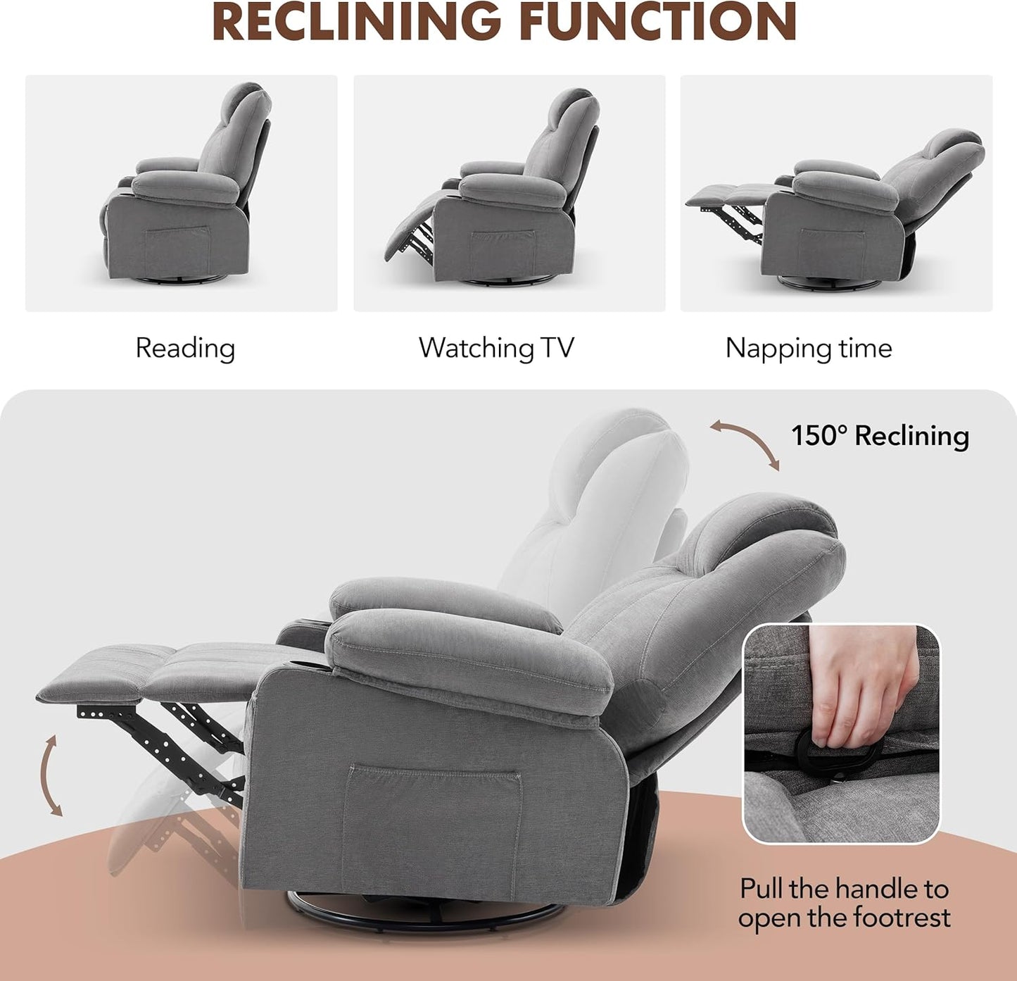 Swivel Rocker Recliner Chair with Heat and Massage, 360 Degree Swivel Recliner Chair with Cup Holders and USB Port, Big Oversized Rocking Single Sofa for Living Room (Fabric, Grey)