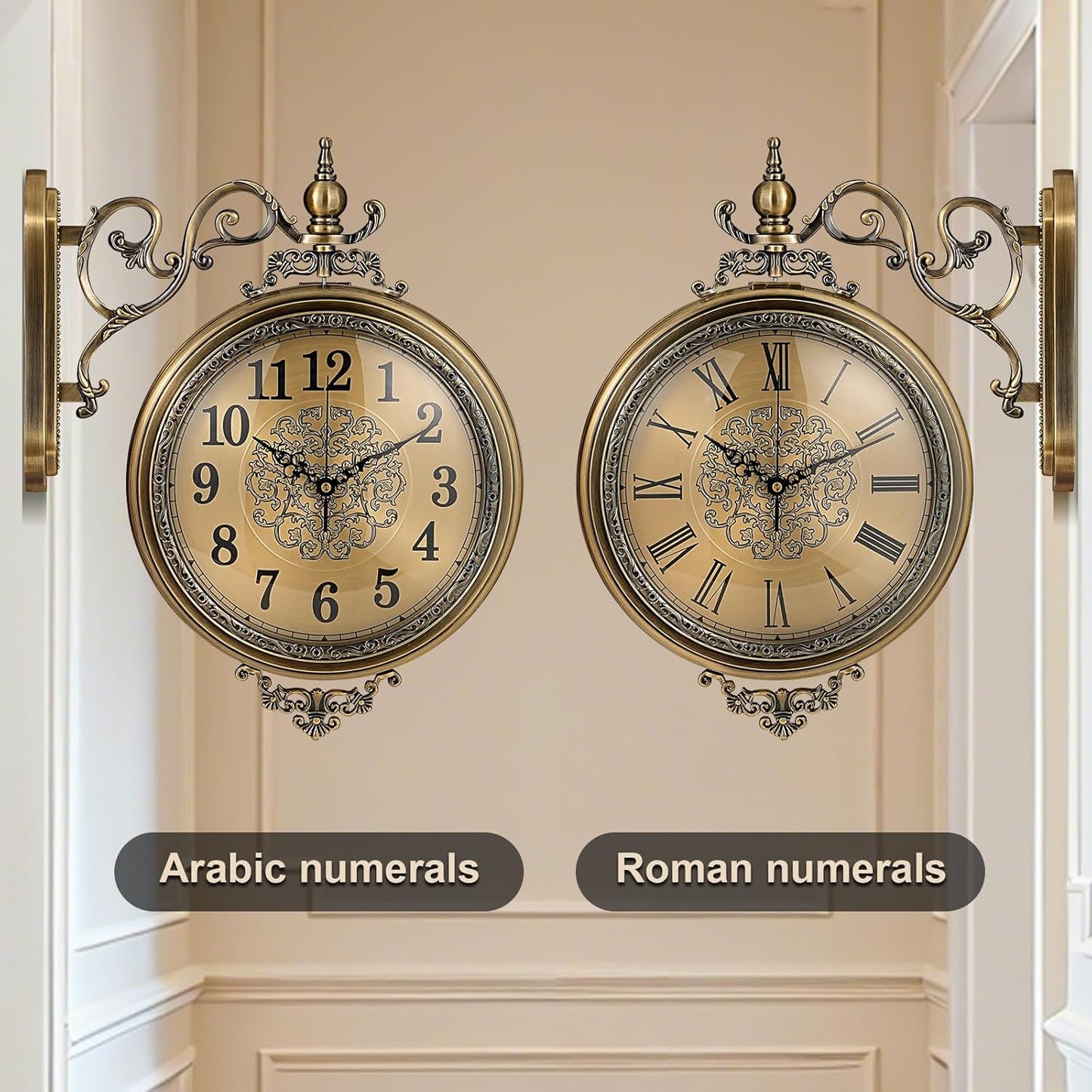 Large Vintage Double Sided Wall Clock with Glass & Metal, Roman and Arabic Numerals, Silent Non-Ticking Battery Operated Antique Clock for Living Room, Office, Hallway Decor (15x18.5 Inch)