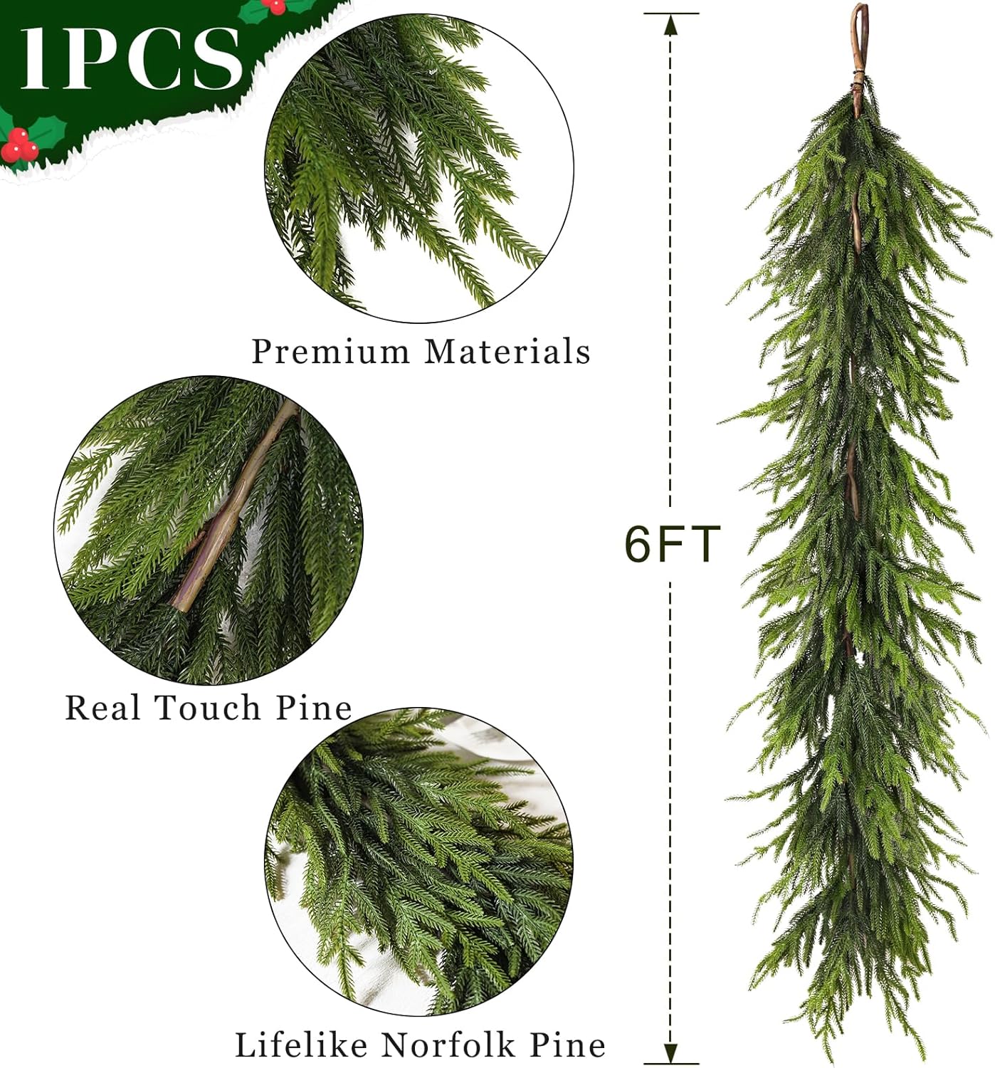 Artificial Norfolk Pine Garland - Faux Christmas Garland Fake Green Garland for Fireplace,Table, Stairs, Mantle, Window,Indoor Outdoor,Home,Holiday Decor (1 PCS,6 FT)