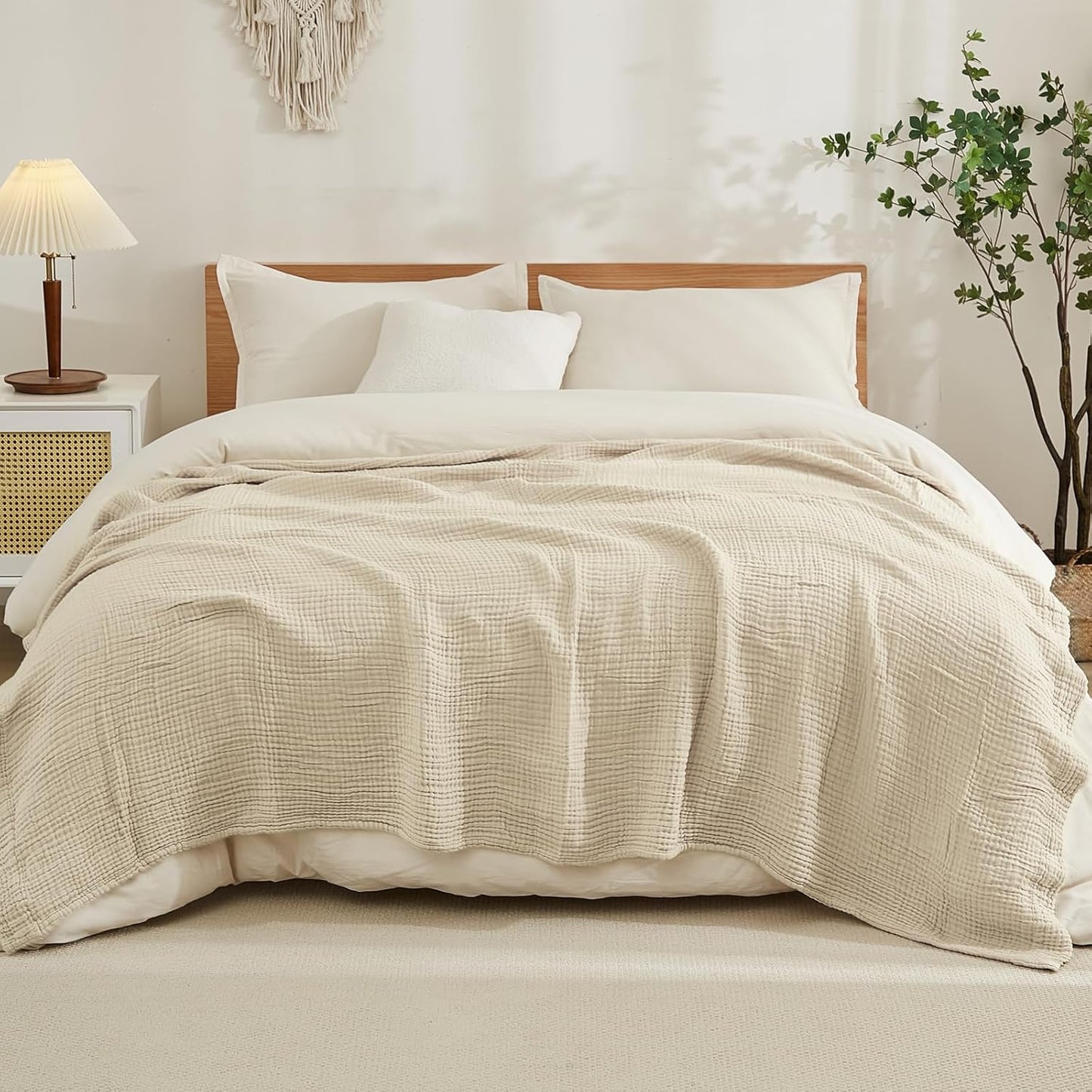 EMME Cotton Blanket Queen Size for Bed Soft Muslin Bed Blankets 90"x90" Lightweight Breathable Bedspread Coverlet All Season Gauze, Light Tan