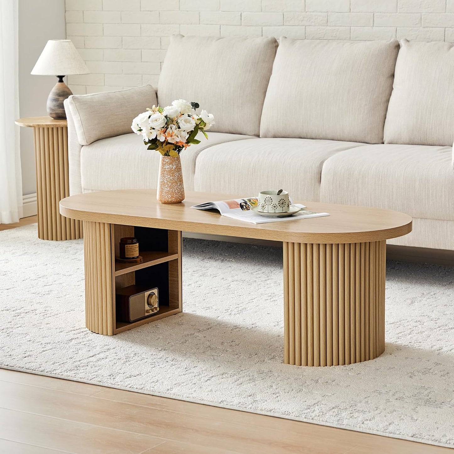 Oval Fluted Coffee Table, 47" Farmhouse Wood Coffee Table Mid Century Modern Center Table Boho Living Room Tables for Living Room Office,Natural