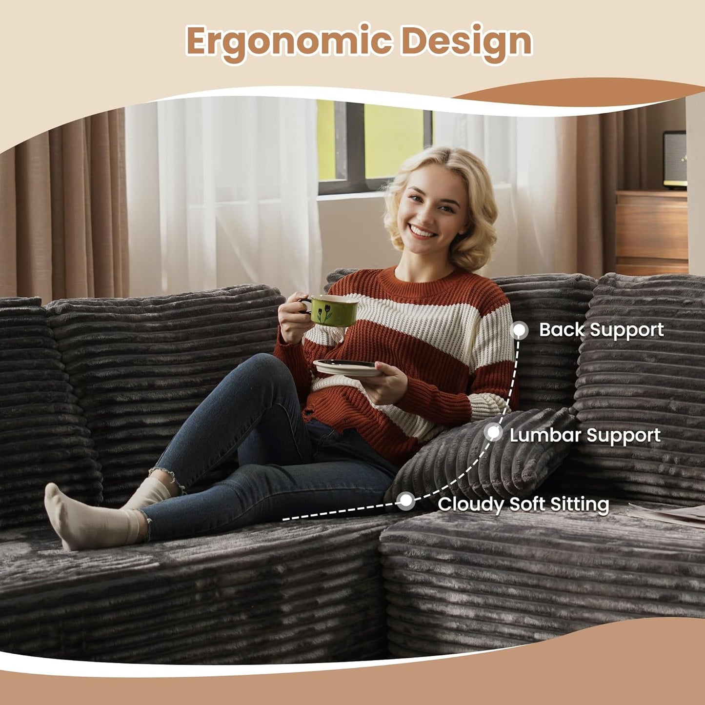 HOOOWOOO Cloud Sectional Couches for Living Room,Modular Sectional Sofa No Assembly,Plush Corduroy Large Floor Couch Furniture Set with Deep Seat Double Chaise and Singlar Lounge(Gray)