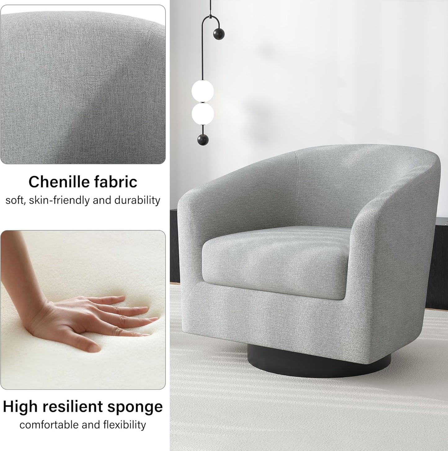 Swivel Barrel Accent Chair, Modern Round Chenille Fabric Arm Chair for Living Room, Bedroom, Comfy Club Reading Chairs for Adults（Chenille Fabric, Light Grey, Set of 1