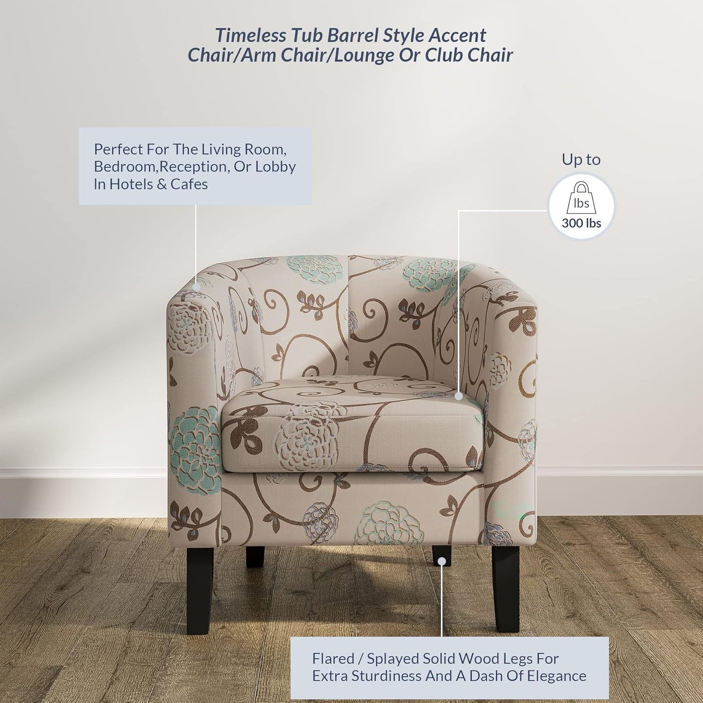 BELLEZE Living Room Chair, Linen Round Accent Barrel Chair, Club Tub Sofa Chair for Bedroom, Corner Chair with Flared Legs and Cozy Soft Padding - Highland (Floral Print)
