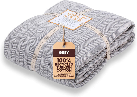 Gold Case Throw Blanket for Bed – 100% Recycled Turkish Cotton Bed Blanket – Decorative Throw Cotton Blankets for Living Room & Bedroom – Vintage Grey Woven Queen Blankets – 90x90