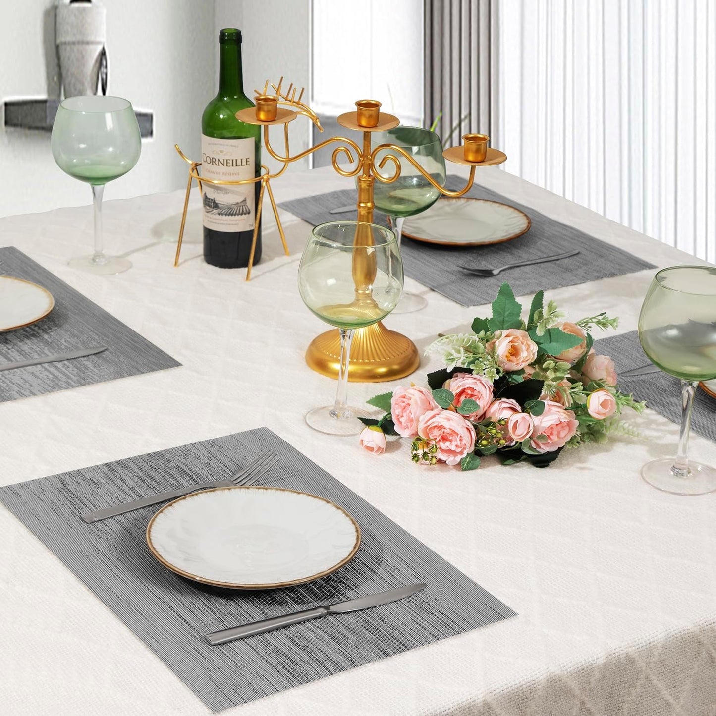 Leetaltree Grey Placemats, Heat Resistant Non-Slip Place mats for Dining Table, Washable Durable PVC Vinyl Woven Table Mats (Set of 16)