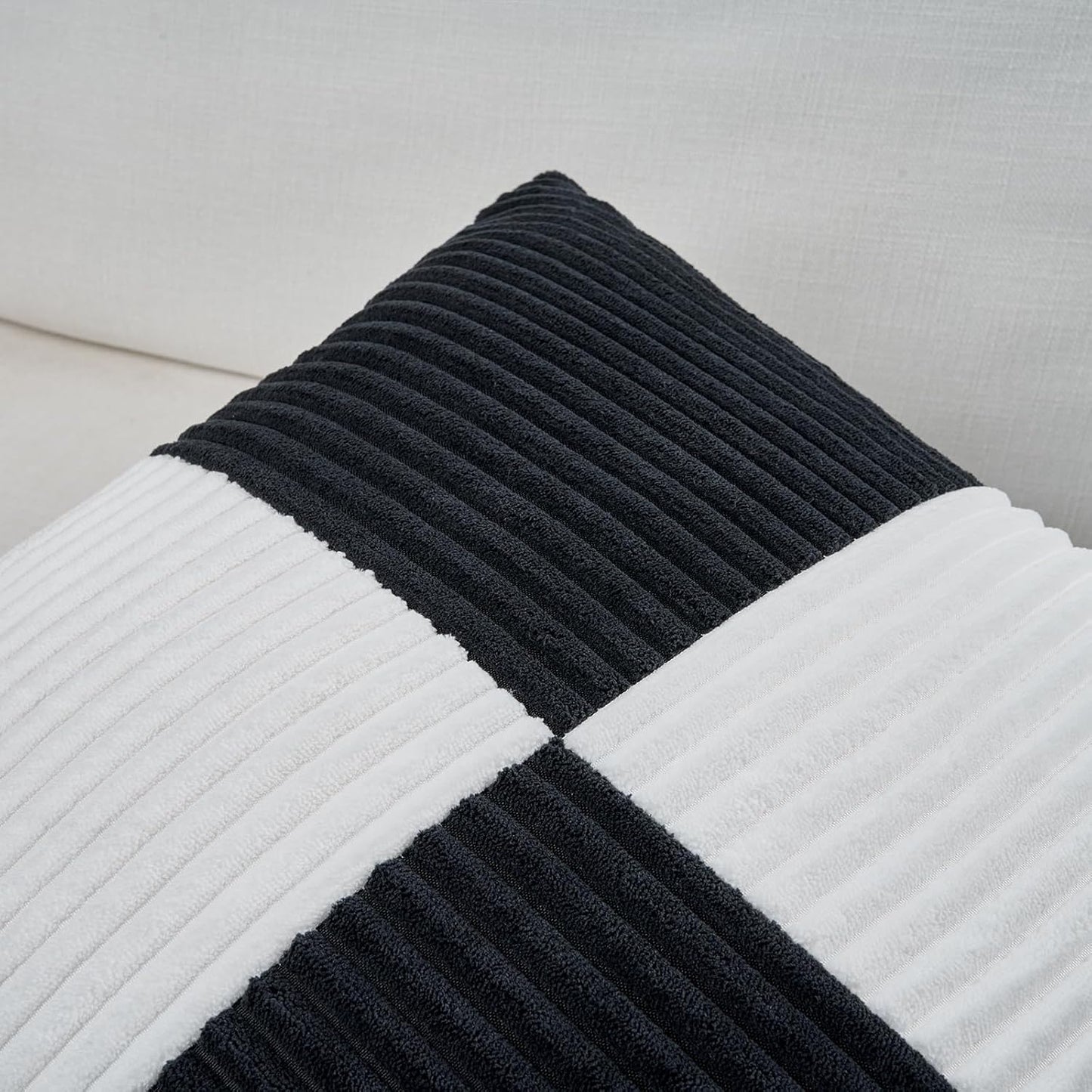 Fancy Homi Set of 2 Black White Decorative Throw Pillow Covers 20x20 Inch for Living Room Couch Bed Sofa, Farmhouse Boho Home Decor, Soft Cross Corduroy Patchwork Accent Square Cushion Case 50x50 cm