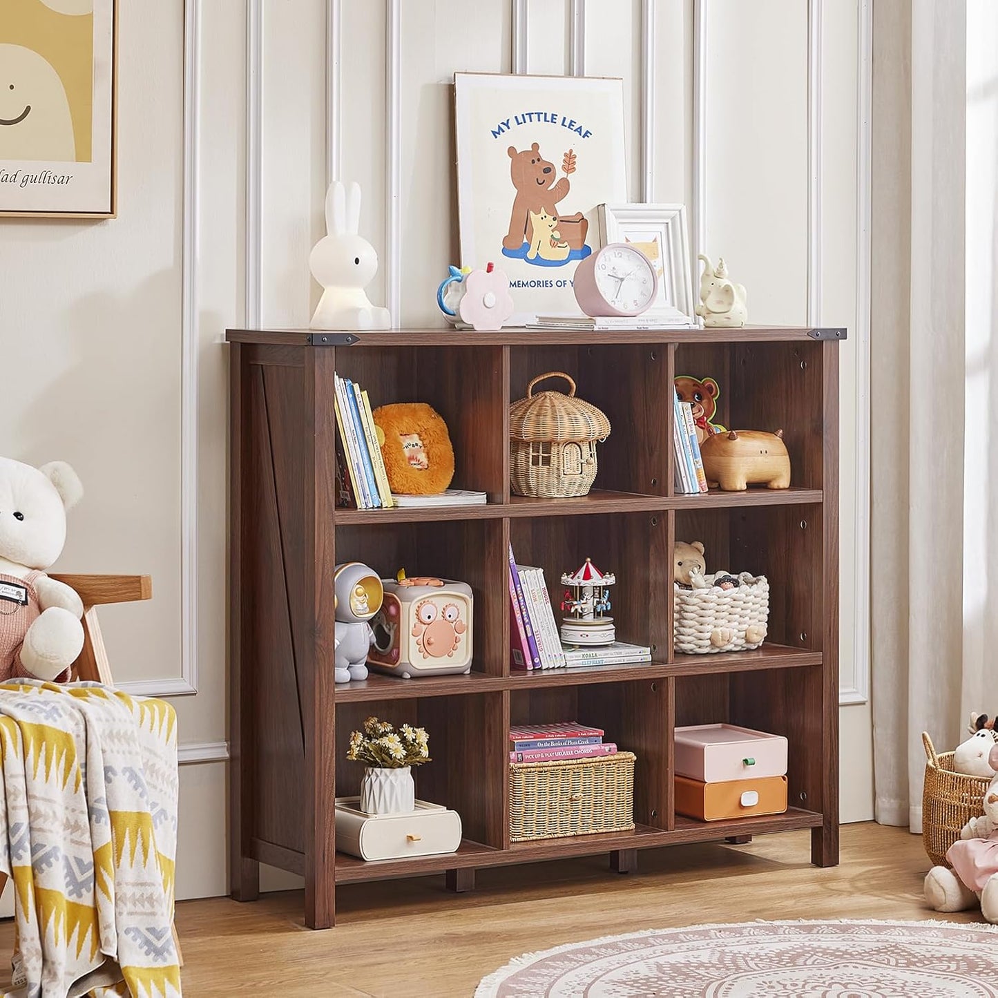 9 Cube Bookcase, Farmhouse 47 Inch Wide Brown Walnut Bookshelf, Wooden 3 Tier Display Large Open Book Shelf, Vintage Horizontal Book Case for Home Office, Cubby Storage Cabinet for Living Room