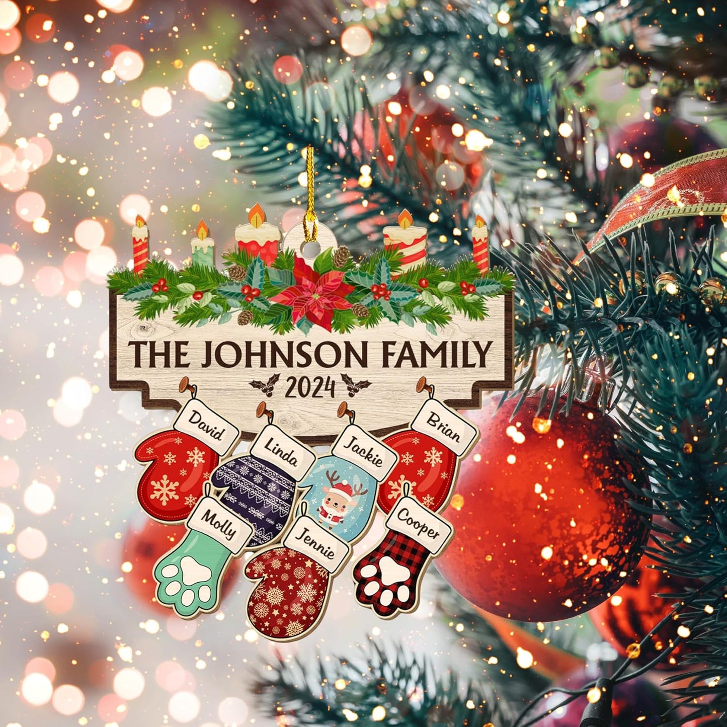 Family with Pet Ver 2 - Personalized Custom Wood Ornament, Family Gloves Christmas Ornament 2024, Xmas Ornament Gifts for Family Tree Decoration (A06, 6 Names)