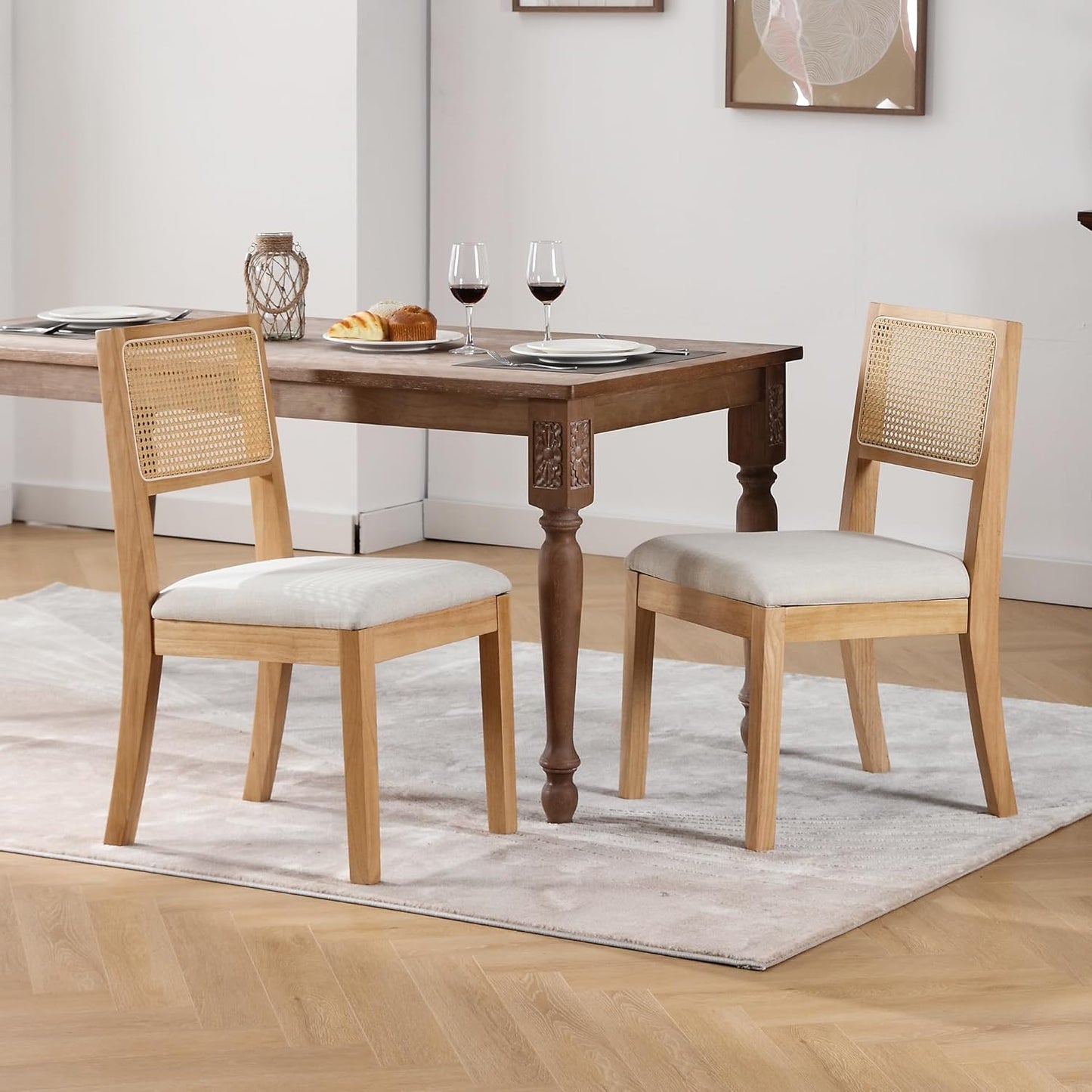 Westice Rattan Dining Chairs Set of 4, Farmhouse Natural Dining Room Chairs with Upholstered Cushion, Wood Armless Chairs for Kitchen/Restaurant