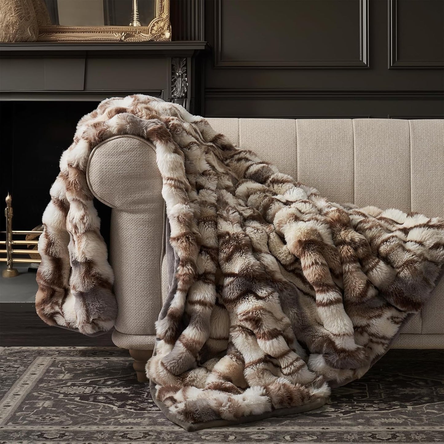 EVERGRACE Ultra Soft Luxury Fluffy Ridgeline Faux Rabbit Fur Throw Blanket, Thick Warm Bubble Throw for Bed, Cozy Plush Reversible Blankets for Couch, Chair, Sofa, Beige & Gray, 60x80 Inches, 870 GSM