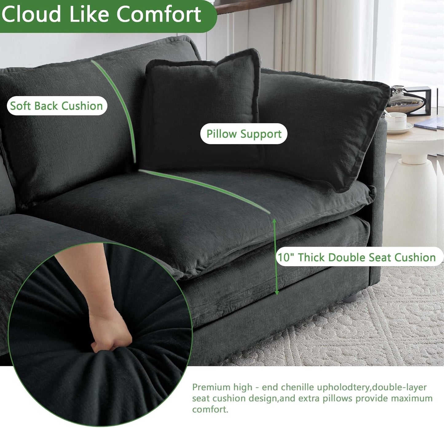 Sectional Sofa 2 Seater with Movable 1 Ottoman,Oversized Modular Couch Deep Seat (Black, 76.7 inch-L)