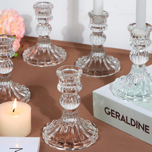 Candlestick Holders Set, 4" H Taper Candle Holders Bulk, 12Pcs Glass Candle Holders for Wedding, Festival, Party & Windowsill Decor