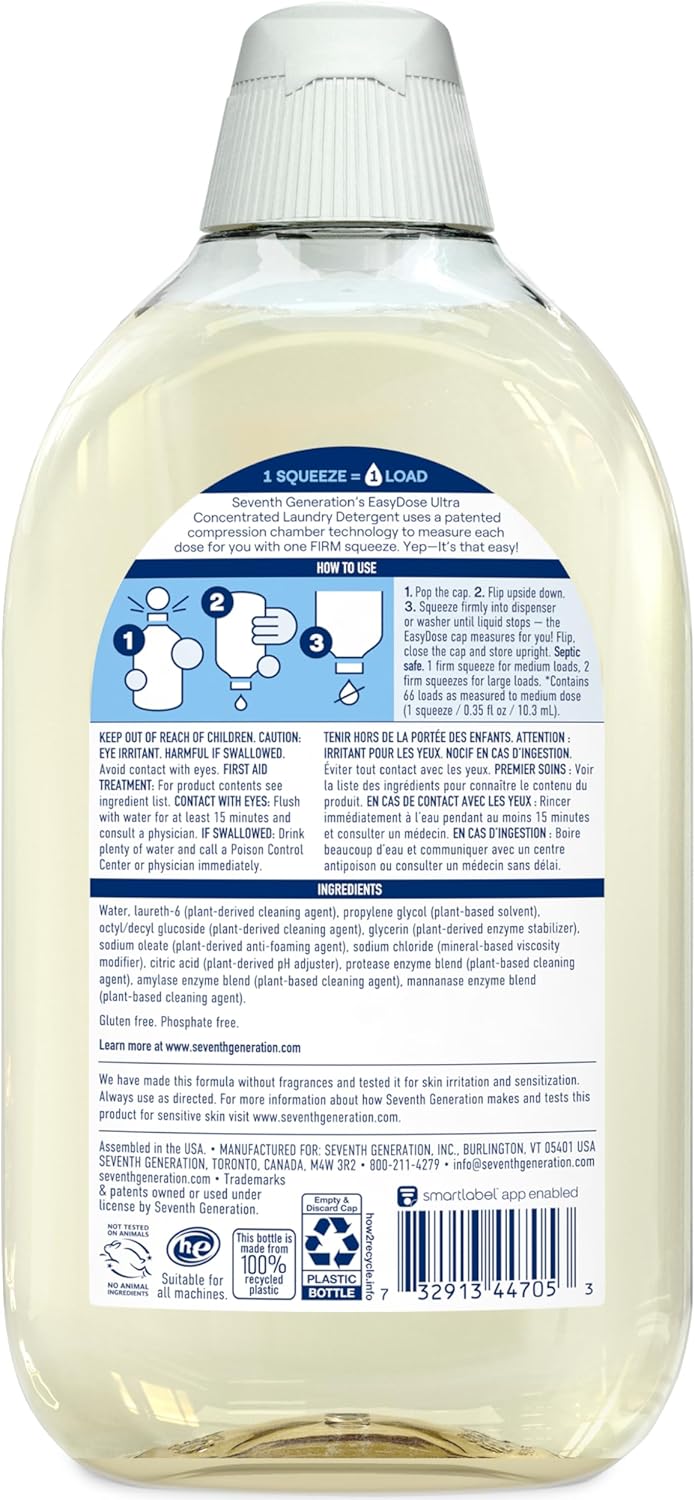Seventh Generation EasyDose Laundry Detergent, Ultra Concentrated: 66 Loads, Free & Clear Designed for Sensitive Skin, 23.1 Fl Oz