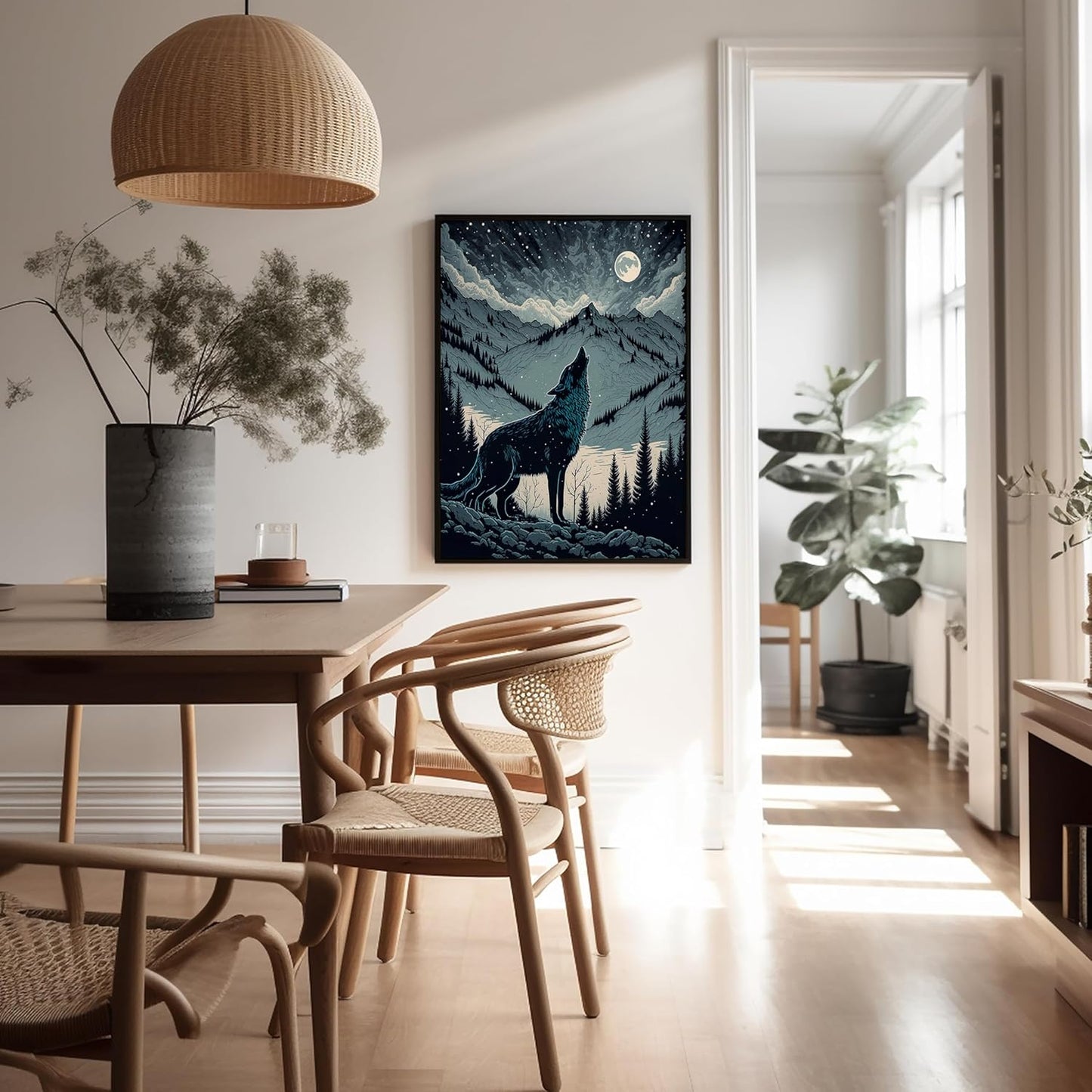 Poster Master Vintage Illustration Poster - Retro Animal Print - Gift for Artist, Friend - Wolf Howling at the Moon, Mountain, Snow, Landscape - Wall Decor for Home, Office, 18x24 Unframed Wall Art
