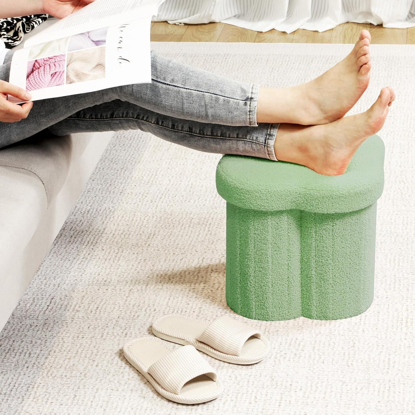B FSOBEIIALEO Storage Ottoman Cube, Flowers Shaped Ottomans with Storage Foot Stool Footrest for Lving Room, Boucle Ottoman Seat for Dorm Room,Faux Teddy Fur, Green 12.6"x12.6"x12.6"