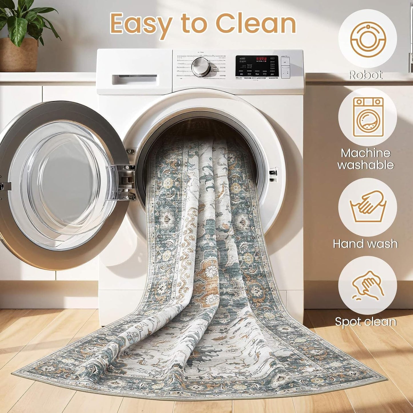 Washable Area Rugs for Living Room - 7x9 Neutral Vintage Distressed Floral Farmhouse Boho Large Soft Floor Rug Indoor Non Slip Carpet for Living Room Bedroom Dining Room Office - Green/Grey
