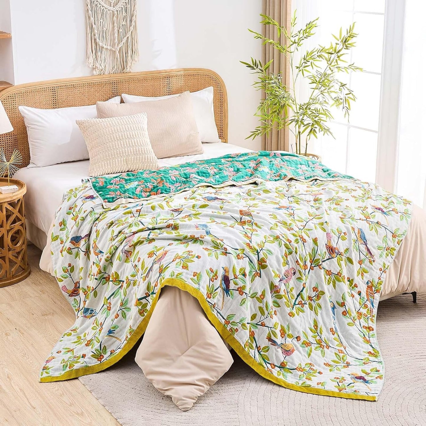 Boho Throw Blanket for Bed, 100% Cotton Soft Rustic Quilt Fall Blanket, 80"x90" Floral Printed Farmhouse Decor Bed Blankets, All Season Rustic Reversible Bohemian Throw Quilt