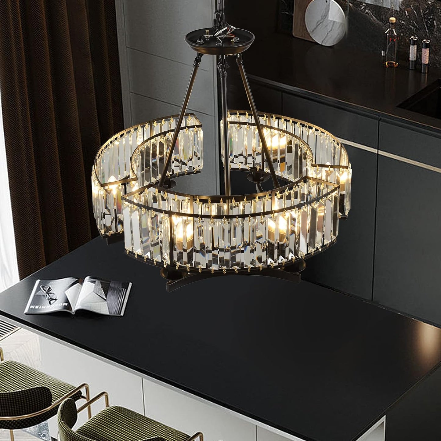 Vintage Crystal Chandelier Black 6 Lights Hanging Ceiling Light Fixture Iron Frame Pendant Lighting for Farmhouse Decoration Dining Table Living Room
