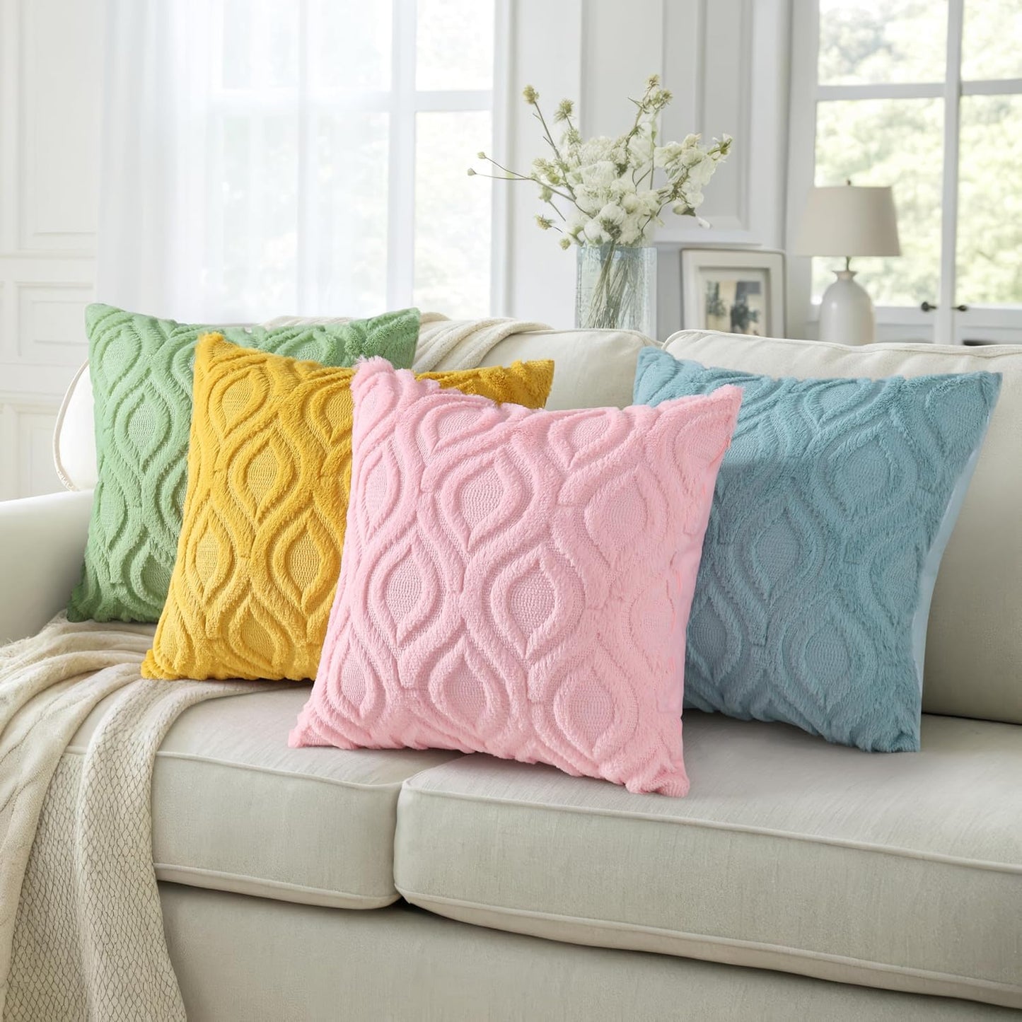 decorUhome Fall Throw Pillow Covers 16x16 Inch Set of 2, Soft Plush Decorative Faux Fur Aqua Solid Couch Pillow Covers, Accent Farmhouse Neutral Square Euro Pillow Cases for Sofa Bed Living Room