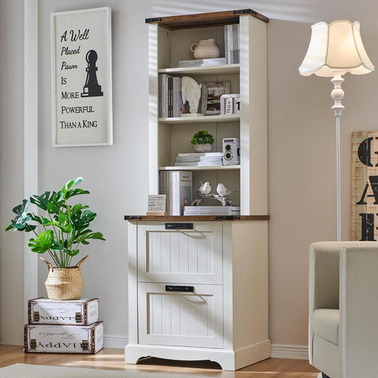 RedLemon Bookcase with 2 File Drawers, 72" Tall Farmhouse Bookshelf with Storage and Adjustable Shelves, 4 Tier Rustic Wood Bookshelf with Cabinet for Home Office, Living Room (Antique White)